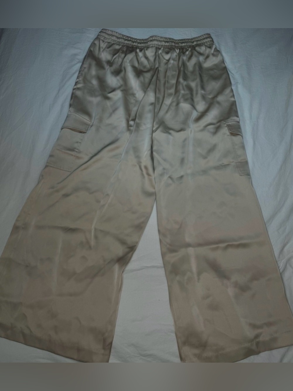 NWOT - NINE WEST Pants Satin Silk Cream/Tan/Beige Boho - Pockets Elastic Waist - Picture 6 of 8